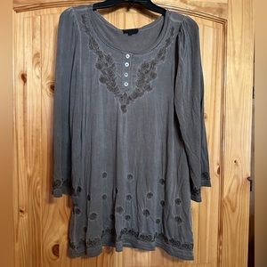 Pol Olive Green Oversized Poly Blend w/ Embroidered Accents Size Small LS Top